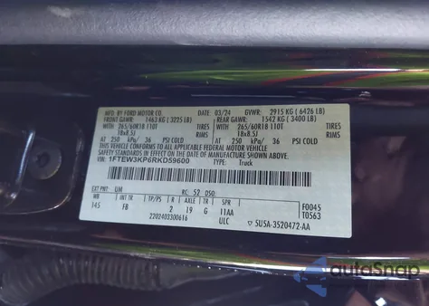 2024 Ford F-150 Xlt z USA, uszkodzony, nr VIN 1FTEW3KP6RKD59600